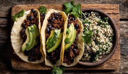 Three tacos topped with seasoned filling, black beans, and avocado slices.  A bowl of quinoa salad is beside them