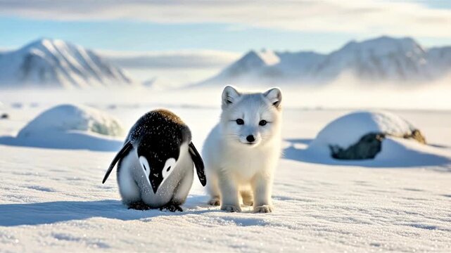 A curious baby penguin and an arctic fox cub stand side-by-side in a snowy, mountainous landscape.