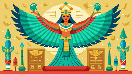 Egyptian goddess isis with wings and hieroglyphs
