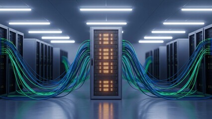 A glowing server rack with a chaotic network of colorful cables in a futuristic data center, symbolizing global connectivity, technology, and big data.