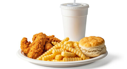 Photo of a plate of crispy chicken tenders, french fries, a biscuit, and a drink