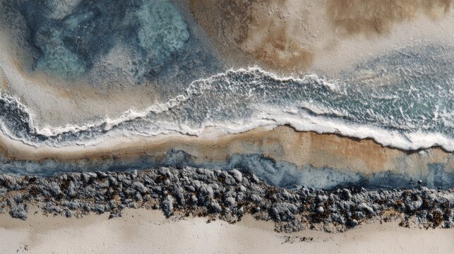 Aerial view of a serene beach with gentle waves lapping the shore, creating a peaceful and calming coastal landscape