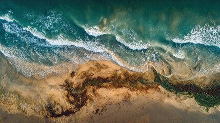 Overhead shot of a vibrant coastline with waves crashing on the sandy beach, showcasing the dynamic interplay of land and sea