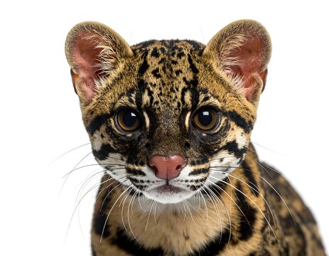 Close-up portrait of a captivating clouded leopard, showcasing intricate patterns and focused gaze against a plain white background.