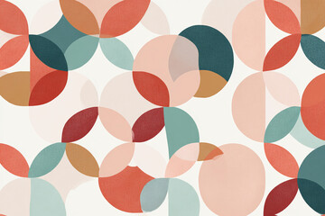 retro mid century modern geometric pattern with overlapping trapezoids and circles in pastel peach clay red and muted teal tones flat illustration on clean white background
