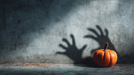 A minimalist Halloween concept featuring a pumpkin and the hand shadow of a witch or zombie. An imaginative, eerie, and enjoyable holiday backdrop 