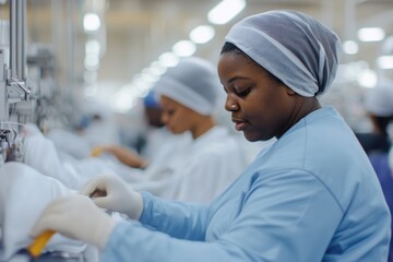 Diverse team of bobbin cleaners working together in textile factory to ensure equipment efficiency