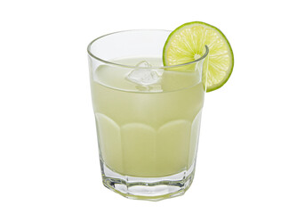 Isolated glass of lemonade or lime juice with ice cubes and green citrus fruit slice