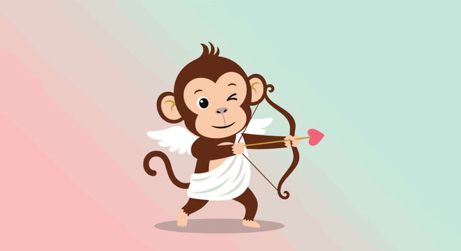 A cute monkey dressed as cupid holding a bow and arrow with a heart shaped tip.