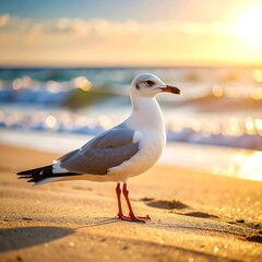 Seagull on sandy beach at sunrise