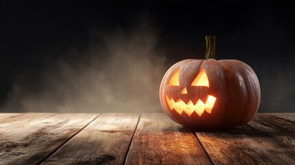 Glowing Halloween pumpkin scene with dark background, detailed textures and smoke effects, ample copy space