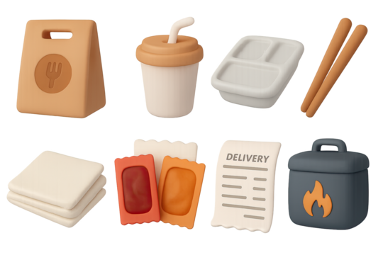 Trendy 3d food delivery icons set with packaging and utensils