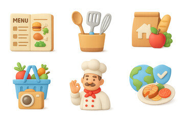 Charming 3d cooking icons featuring chef, menu, kitchen tools, and grocery elements
