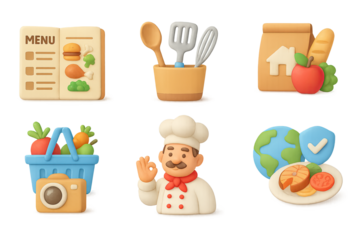 Charming 3d cooking icons featuring chef, menu, kitchen tools, and grocery elements