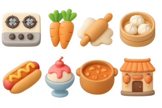3d food icon set: dumplings, carrots, stove, hot dog, ice cream, soup, bakery