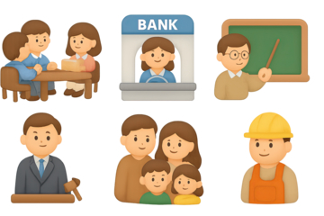 Community professions: teacher, banker, construction worker, and family in so…