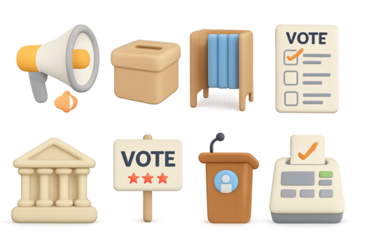 Election icons in 3d with ballot box, voting booth, megaphone, and checklist