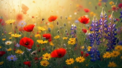 Fototapeta premium Wildflowers in field with sunlight