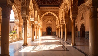 An ornate, sunlit corridor showcasing detailed archways and columns. The intricate carvings adorn walls and ceilings. The hallway leads to a far doorway