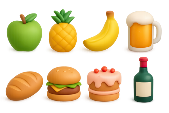 3d food icons collection with fruits, drinks, and snacks