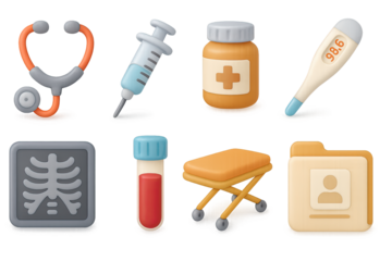 Medical tools and equipment set in 3d style for healthcare and clinical use