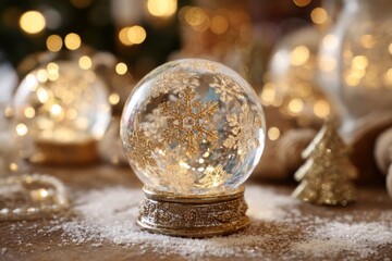 A snow globe sits on a table near other Christmas decorations.