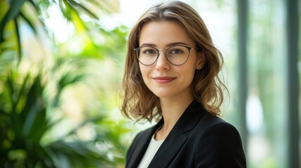 Fototapeta premium A young woman with shoulder-length brown hair, wearing a black blazer and glasses, standing in a modern office with green plants in the background.