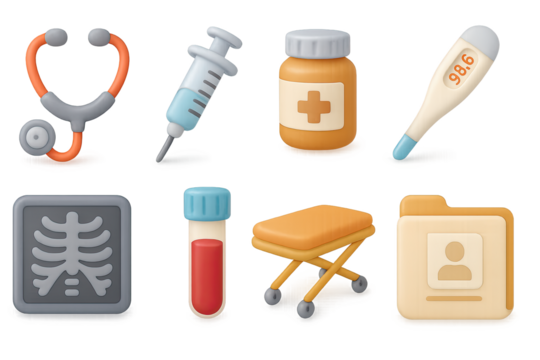Medical tools and equipment set in 3d style for healthcare and clinical use