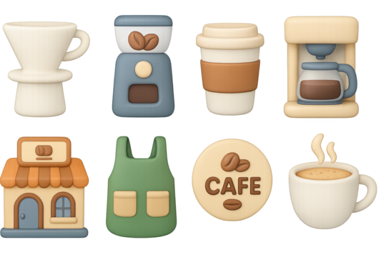 3d coffee shop icons: brewed beverages and equipment in soft colors