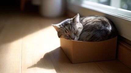 Grey tabby cat closeup curled in cardboard box, detailed fur and whiskers, soft natural light with bokeh