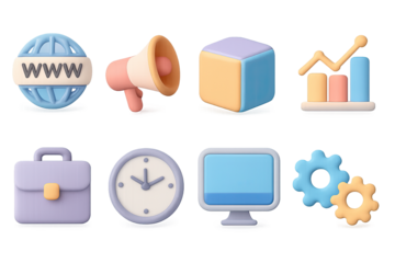 Vibrant 3d icons set featuring business and technology elements