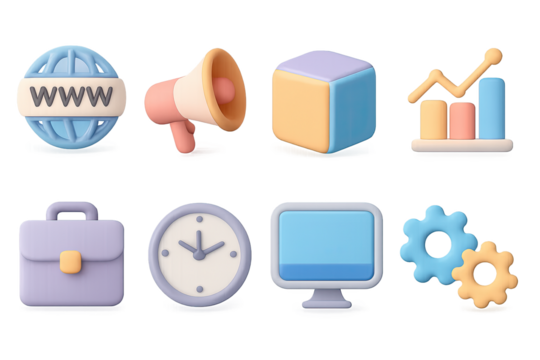 Vibrant 3d icons set featuring business and technology elements