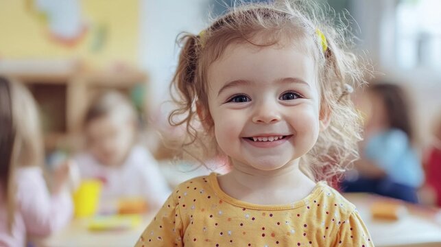 A young girl with curly hair smiling in a classroom setting.