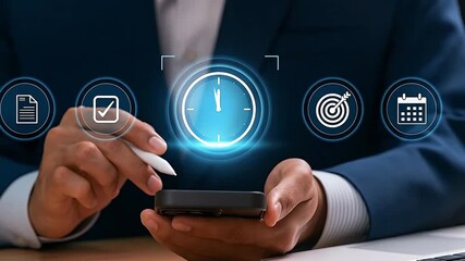 Businessman using smartphone for time management and productivity. Digital planning interface with clock, checklist, and calendar icons. - Powered by Adobe