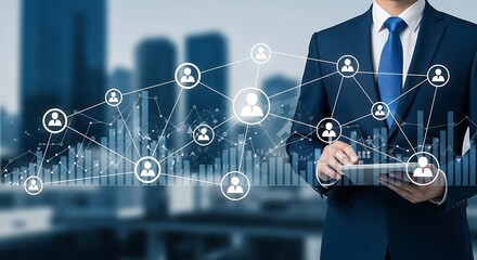 Businessman using tablet with network connection