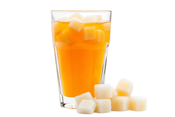 Tall glass of orange juice with ice cubes and sugar cubes isolated on transparent background