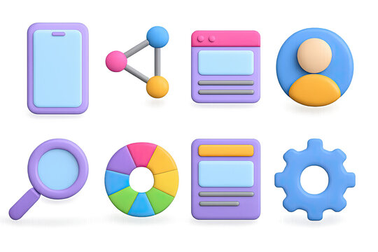 Colorful 3d icon set with technology and social media elements on gradient ba…