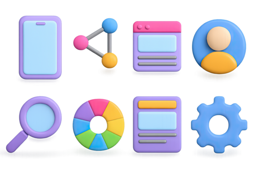 Colorful 3d icon set with technology and social media elements on gradient ba…