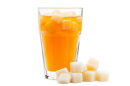 Tall glass of orange juice with ice cubes and sugar cubes isolated on transparent background