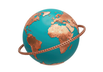 Isolated planet earth with continents of metal and ring around it, science symbol concept