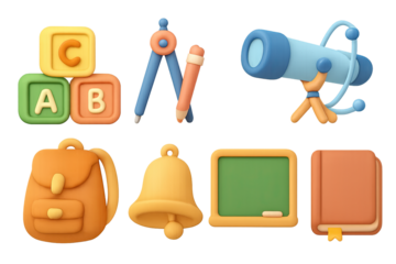 Colorful education icons: playful 3d school tools for learning