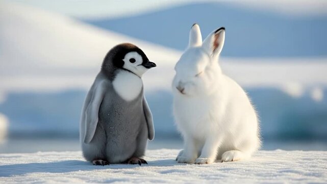 A fluffy baby penguin and a white rabbit sit side-by-side on a snowy surface, with a blurred icy background.