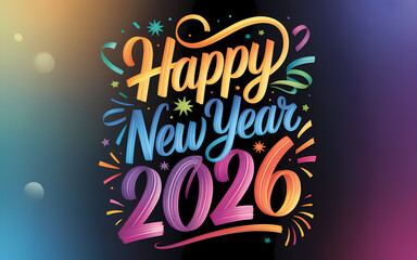 Artistic Happy New Year 2026 vector design in multicolour gradients with sparkles, bokeh, and festive accents. Perfect for modern greeting cards, digital wallpapers, and holiday decorations.