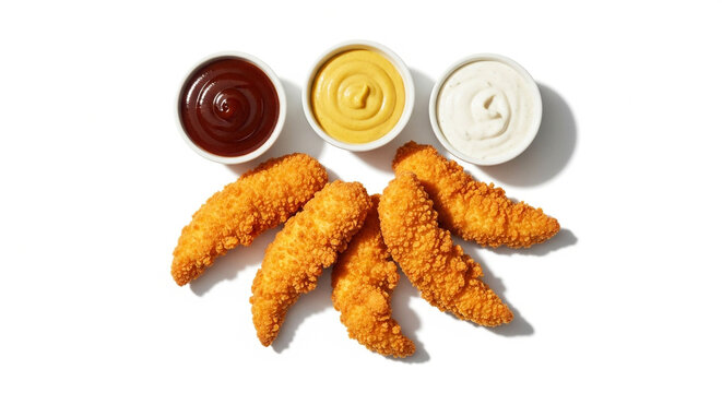 Photo of crispy chicken tenders with three dipping sauces isolated on white background