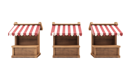 Three wooden market stalls with striped awnings isolated on transparent background