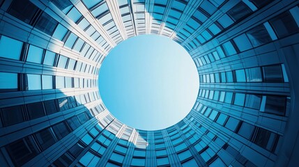 A circular glass building with a blue tint, featuring a large circular window at the center, casting a shadow on the surrounding walls.