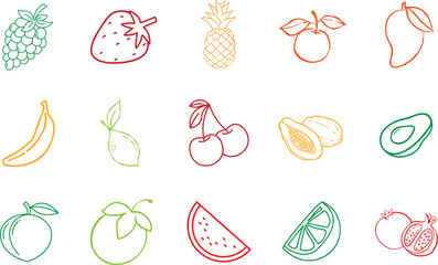 Colorful Fruit Line Art Icons Set. Grapes, Strawberry, Pineapple, Mango, Banana, Lemon, Cherries, Passion Fruit, Avocado, Peach, Mangosteen, Watermelon, Lime, Pomegranate Outline Vector Collection.
