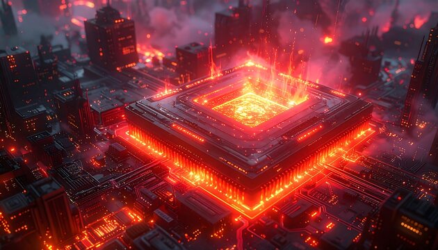 A massive futuristic processor glowing with blinding neon red light. A burning circuit board with damaged components, symbolizing electrical failure and overheating.