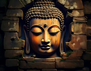 Buddha head in aged brick wall
