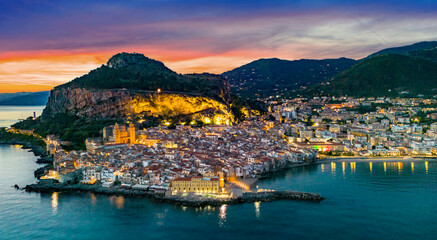 Aerial view of Cefalu, on the Tyrrhenian coast of Sicily, Italy